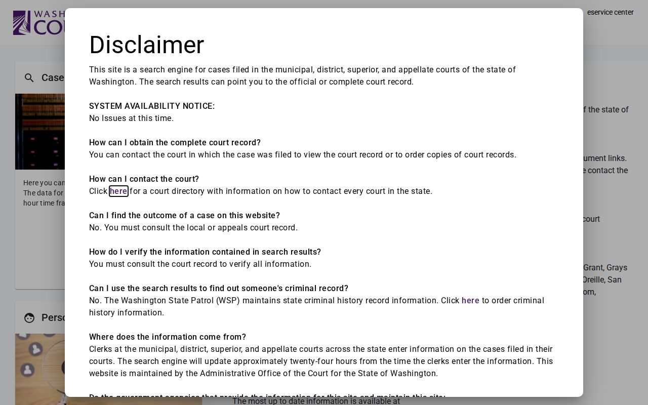 Washington Courts official case and person search screen for a Parkland resident lookup